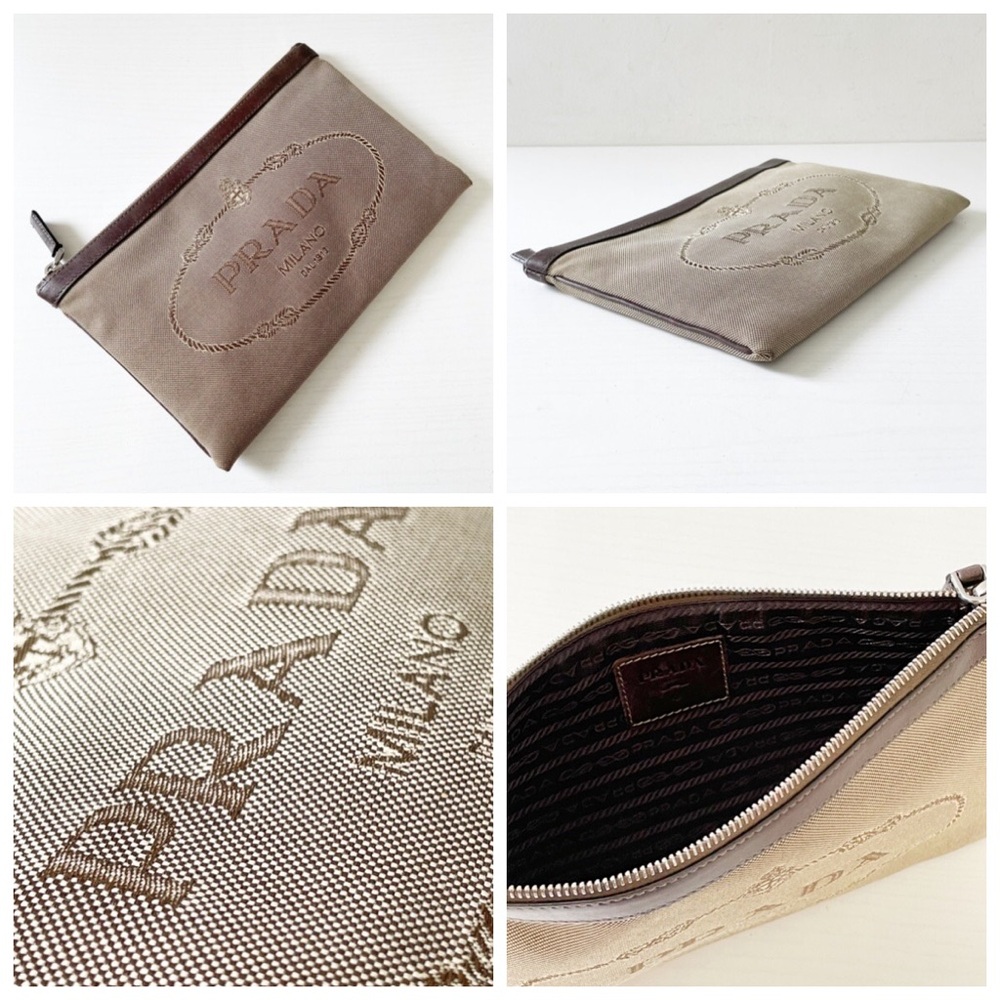 Prada rare brown Canapa canvas embroidered logo brown leather zip pouch - Picture 4 of 10